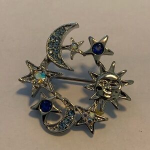 Sun Moon Stars Celestial Brooch Pin Silver Tone Rhinestones